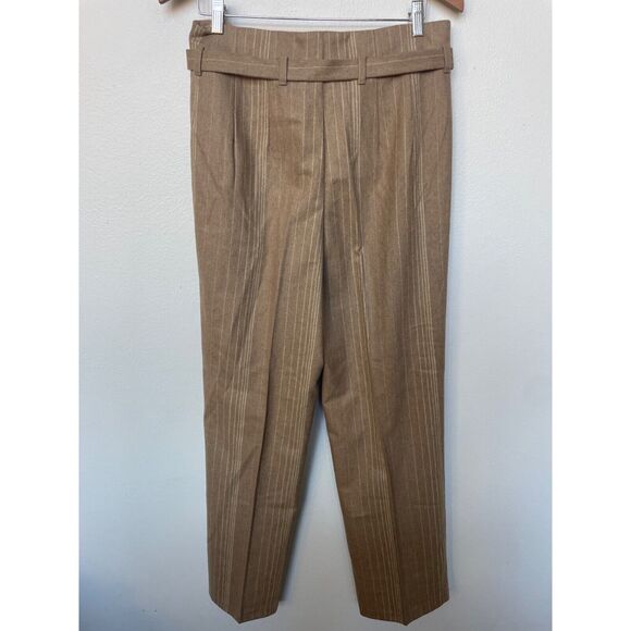 Zanella Wool Pinstripe Belted Straight Leg Trouser Pants Made in Italy Tan Sz 8/ - Picture 2 of 4